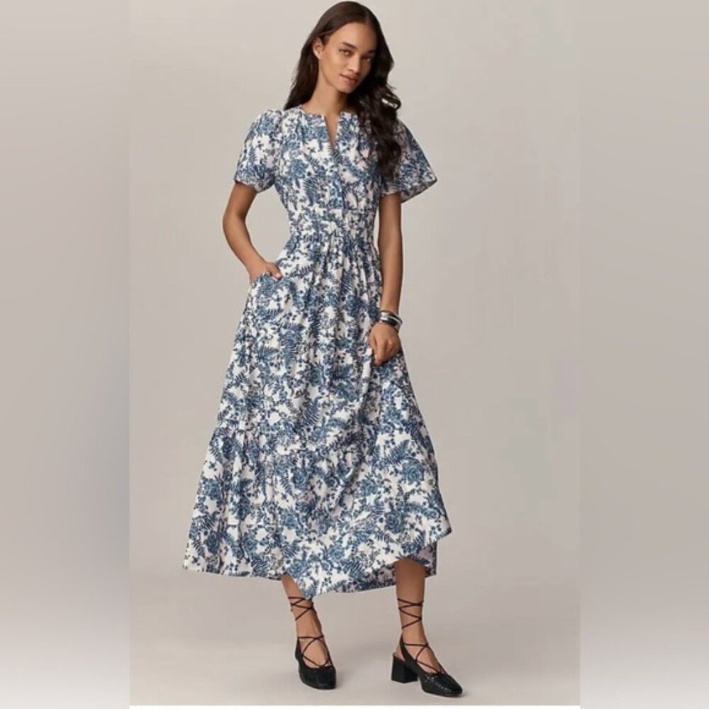 NWT Anthropologie Blue and White Floral Tiered Midi Dress